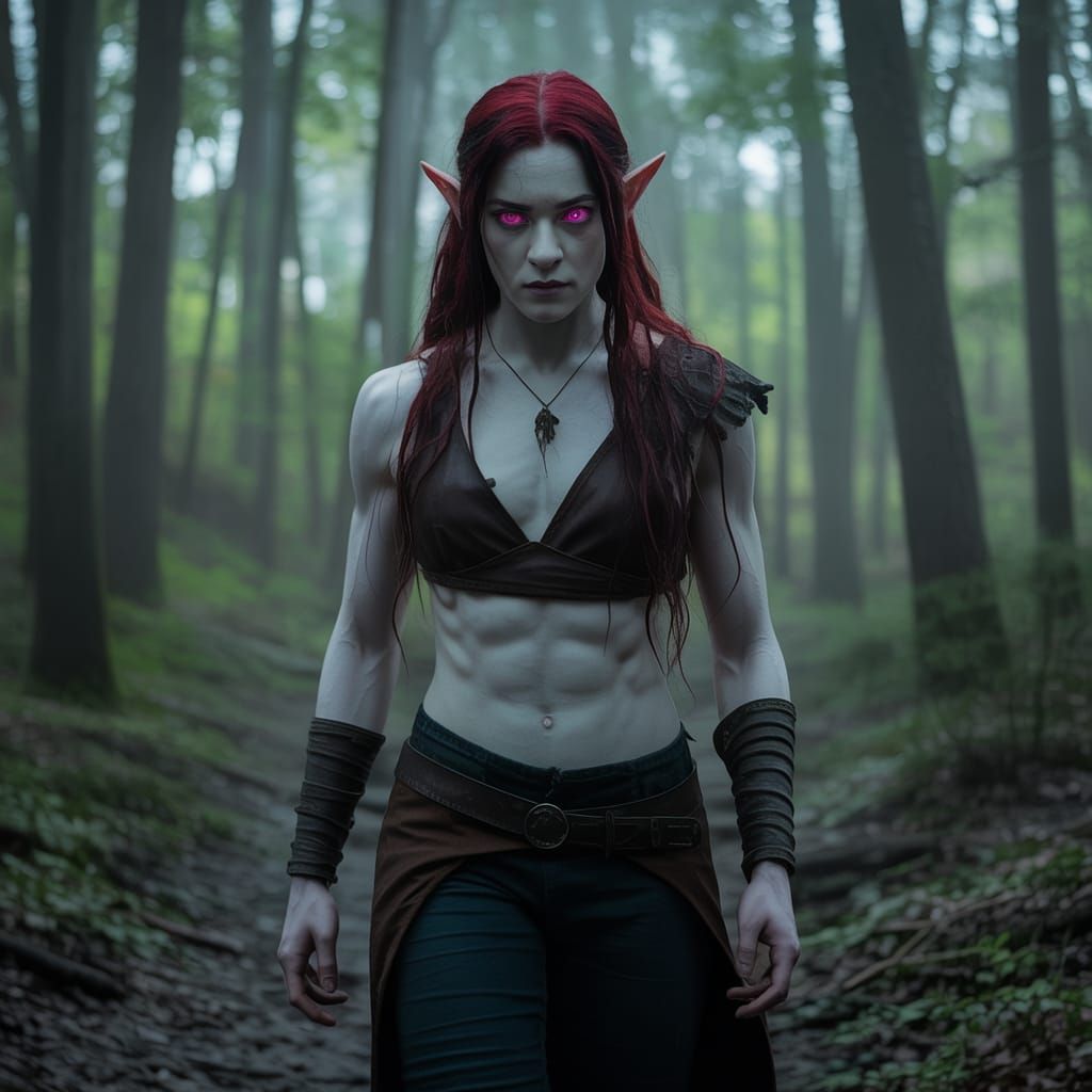 Drow Elf in Dark Woods: Cinematic Film Still