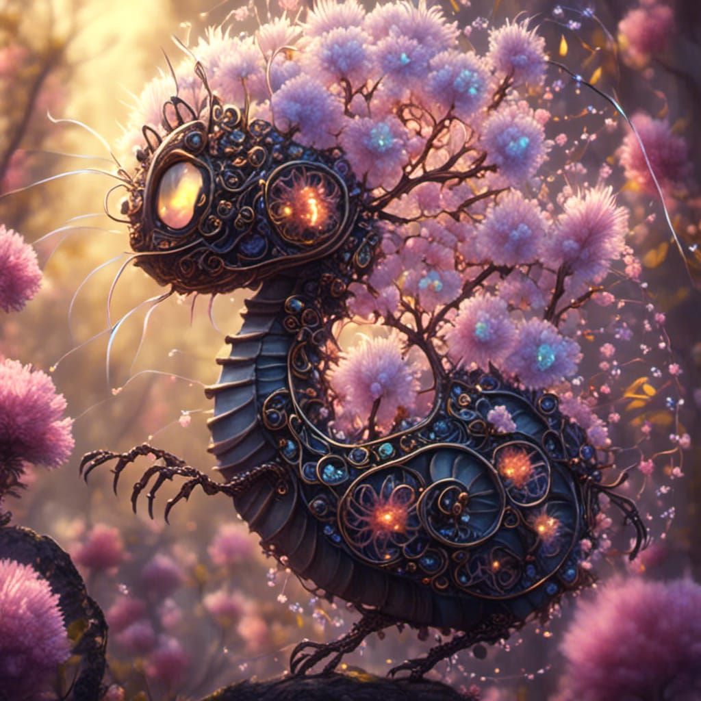 Fairies Ride a Glowing Caterpillar in Astral Forest
