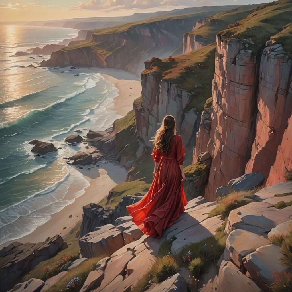 Woman in Red Dress, Impressionist Oil Painting