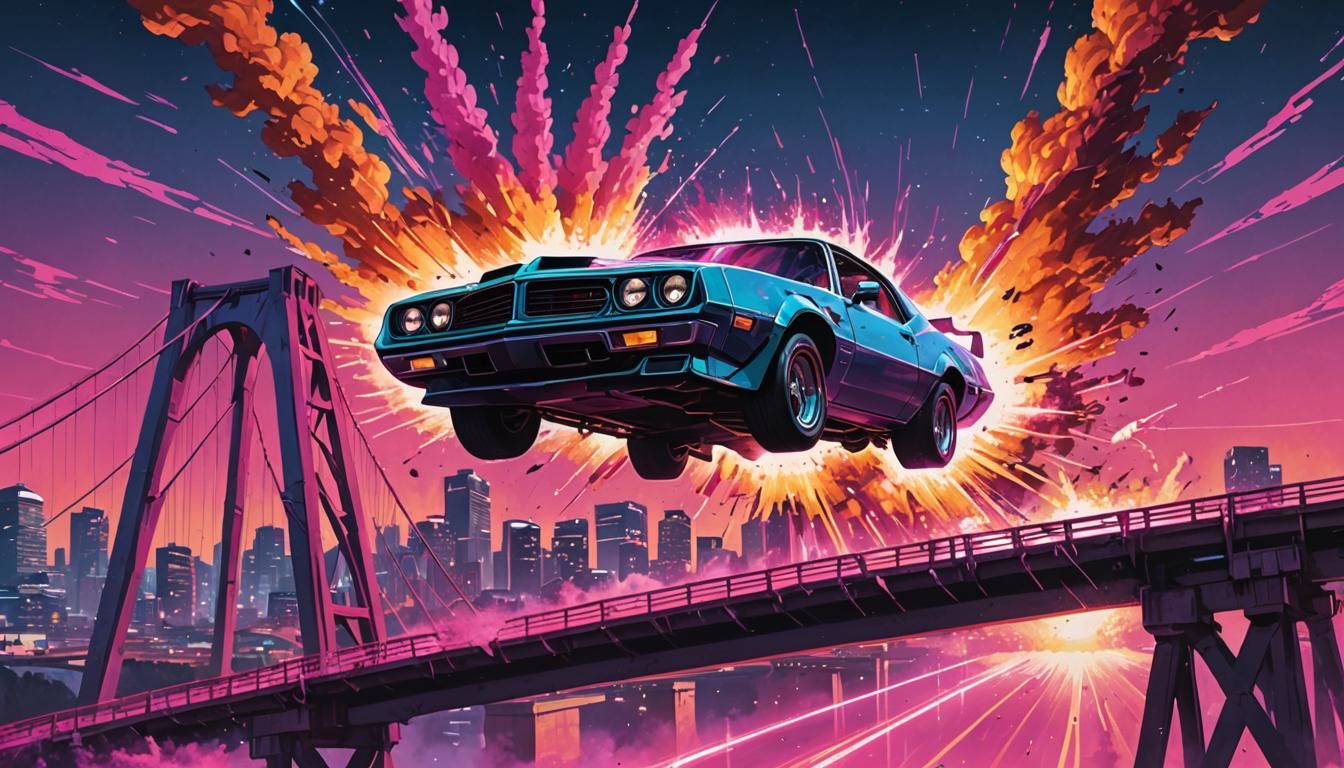 Trans-Am Bridge Jump in Synthwave Style