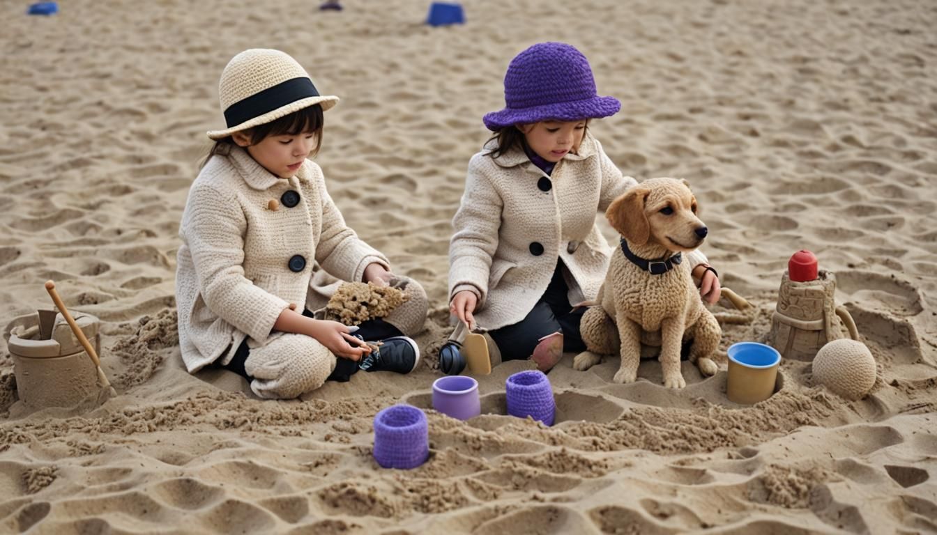 Children and Dog Knitting Sandcastle on Beach