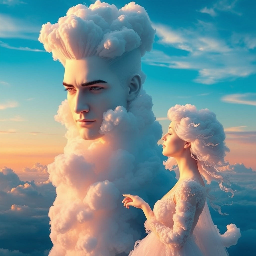 Cloud Man and Water Woman in Dreamlike Sky