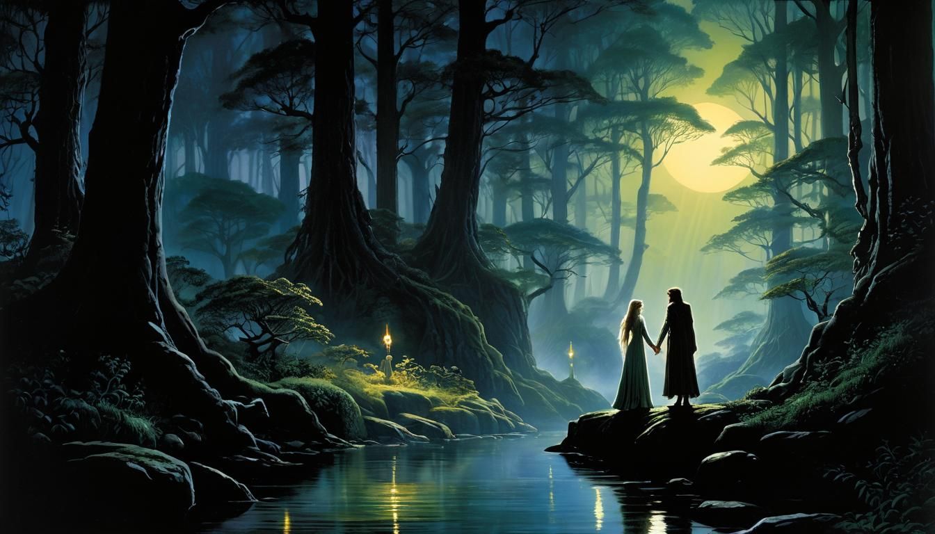 Elven Couple in Enchanted Forest Illustration