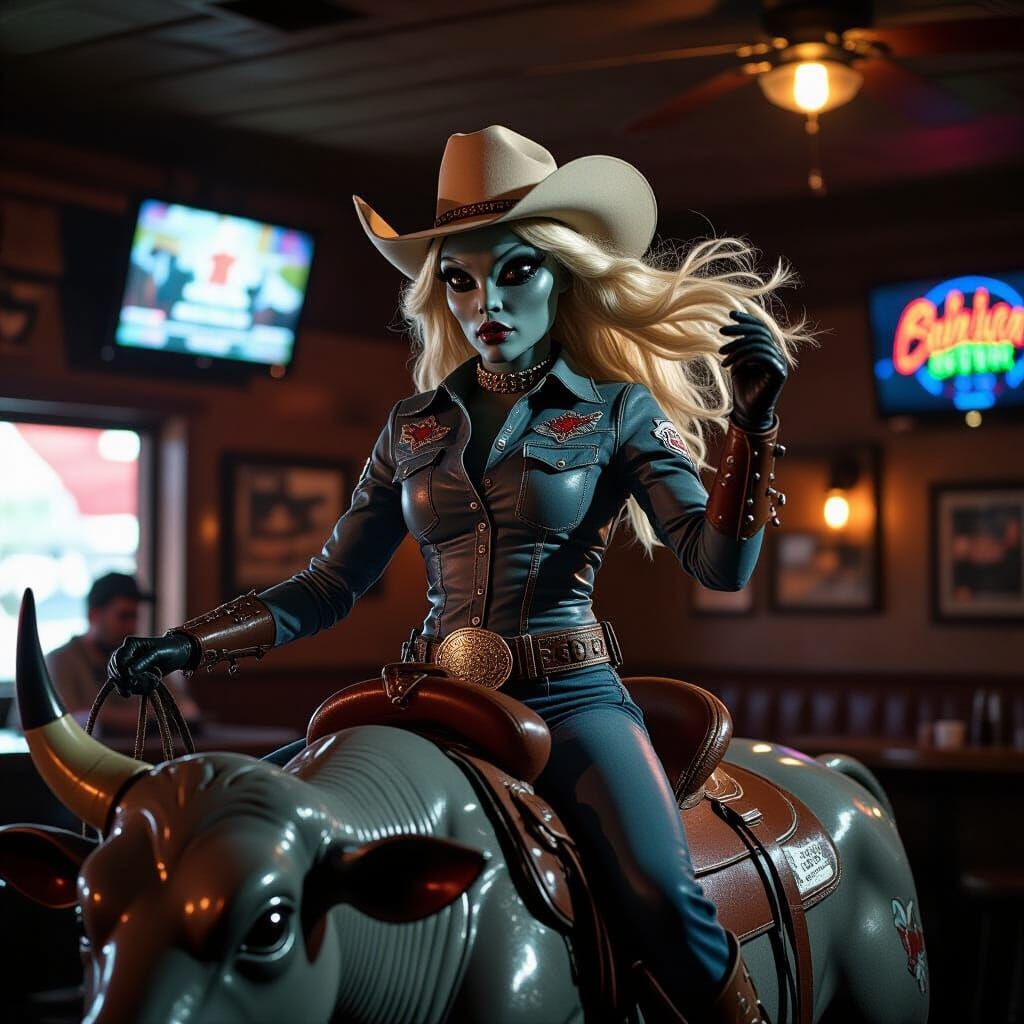Rowdy Alien Cowgirl Rides Mechanical Bull