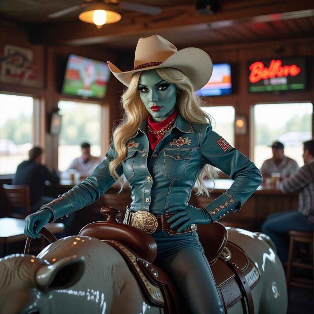 Alien Cowgirl Rides Mechanical Bull: Cinematic Film Still