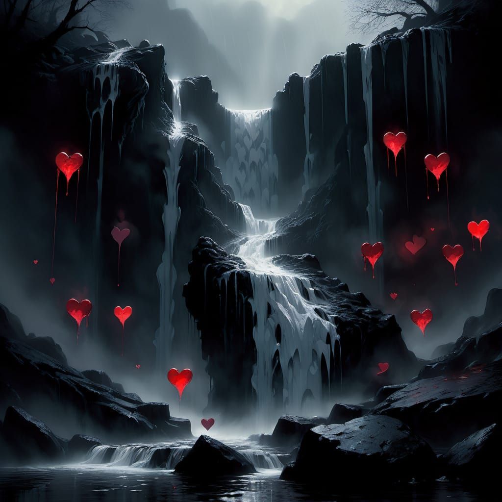 Eerie Heart Waterfall in Dark Fantasy Style