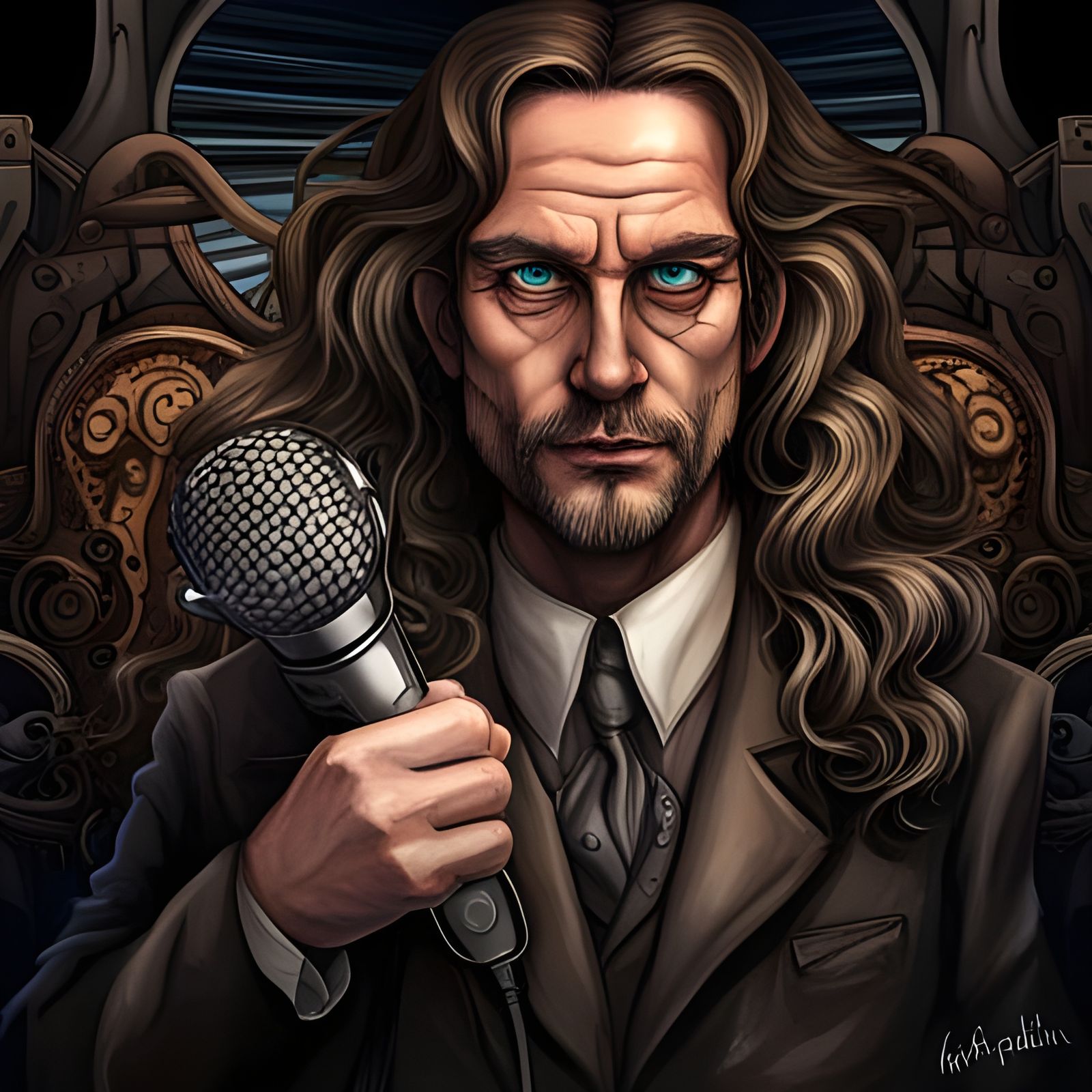 Steampunk Man with Microphone: Portrait in Comix Style