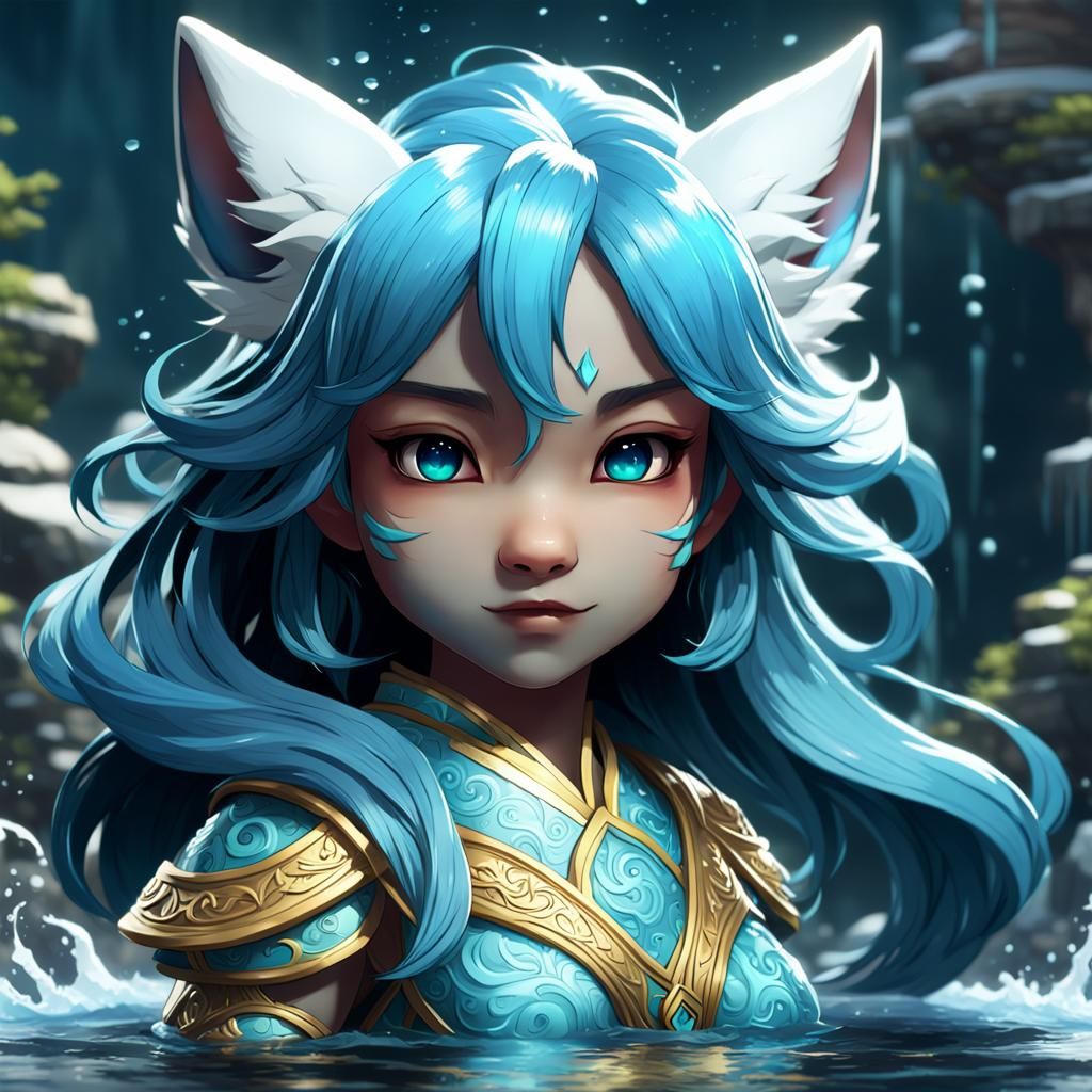 Chibi Water Kitsune Portrait in Hyperdetailed Style