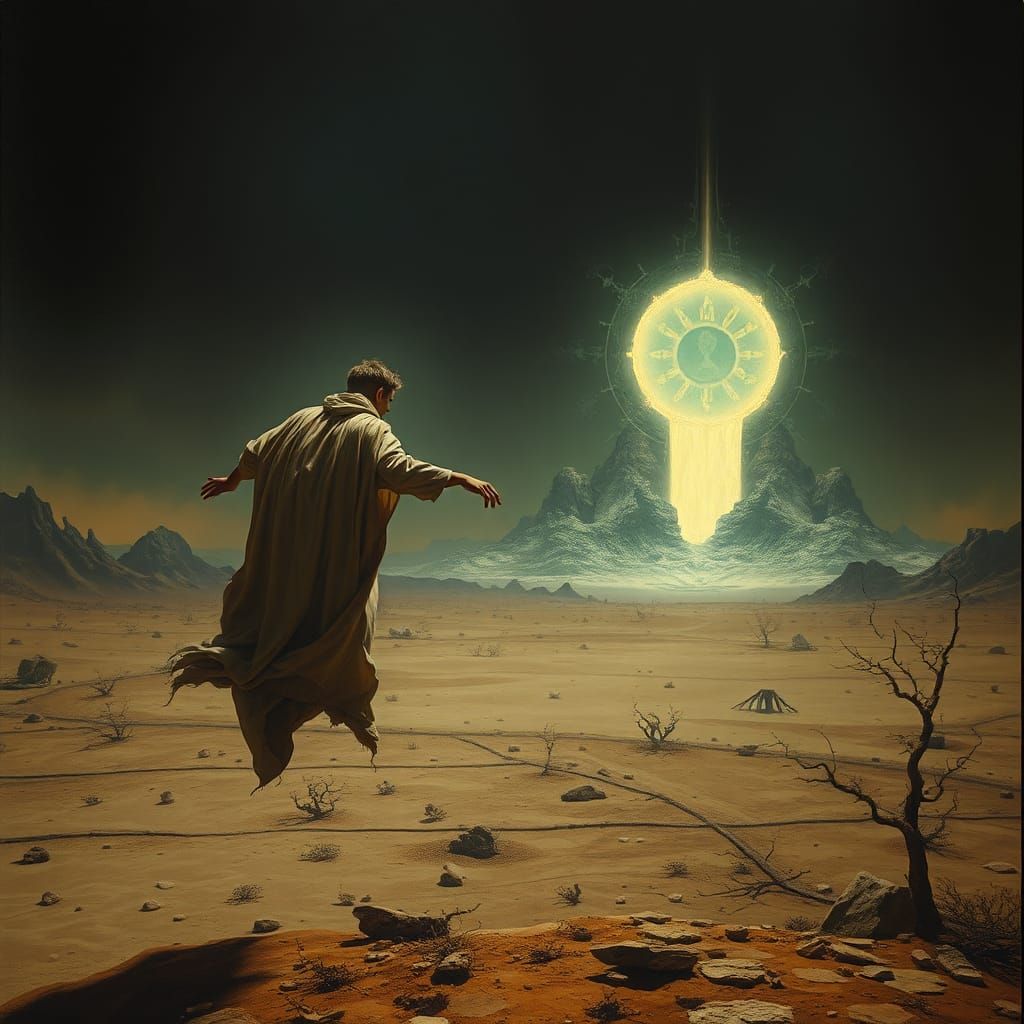 Ethereal Figure Descending Towards Barren Earth
