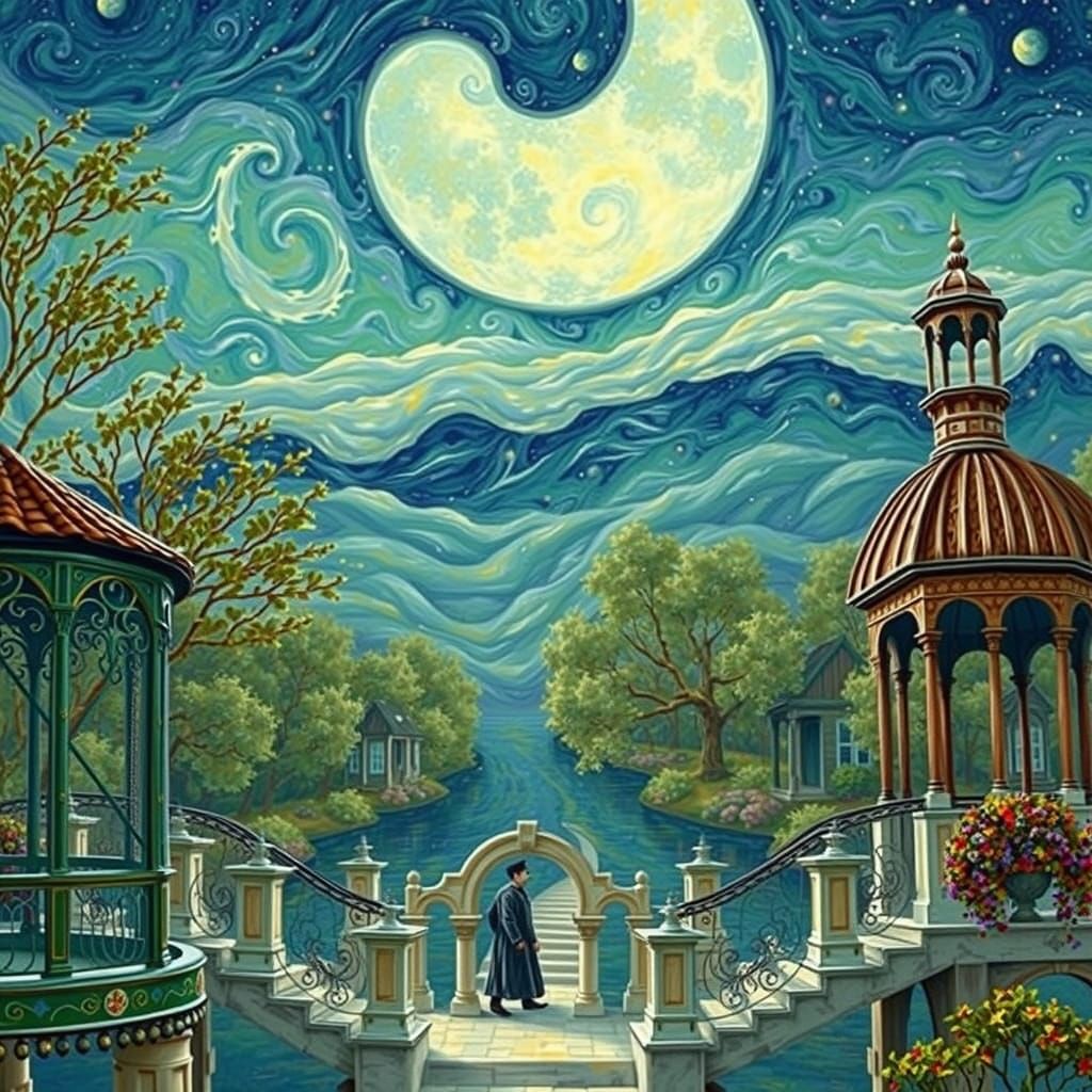 Intricate Gazebo on Bridge Under Starry Night Sky