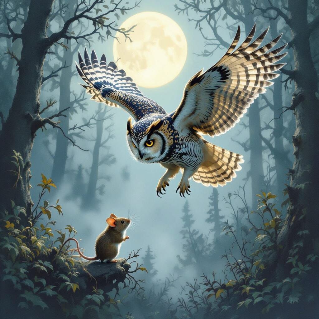 Owl Predator Captures Mouse in Misty Forest