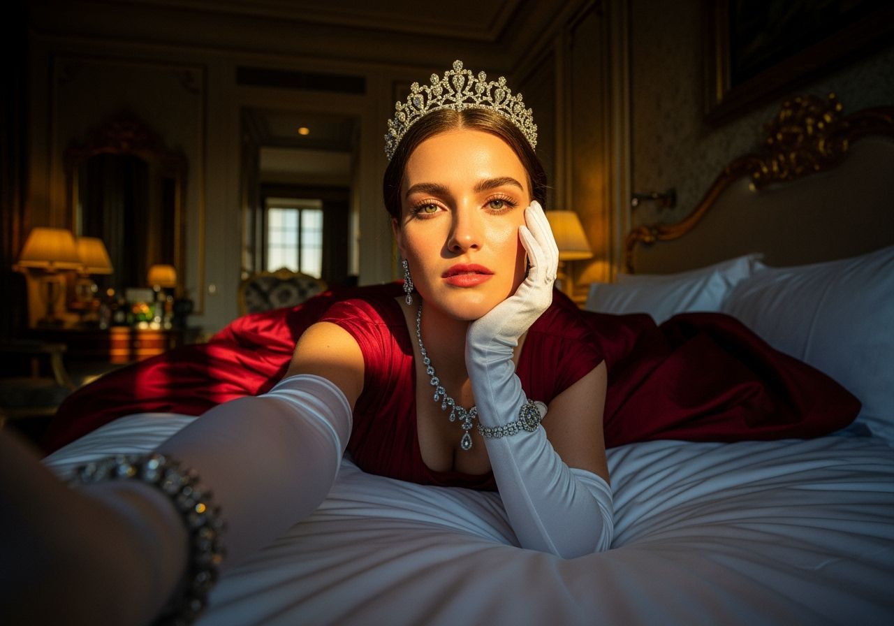 Countess in Red Gown in Luxury Hotel Suite