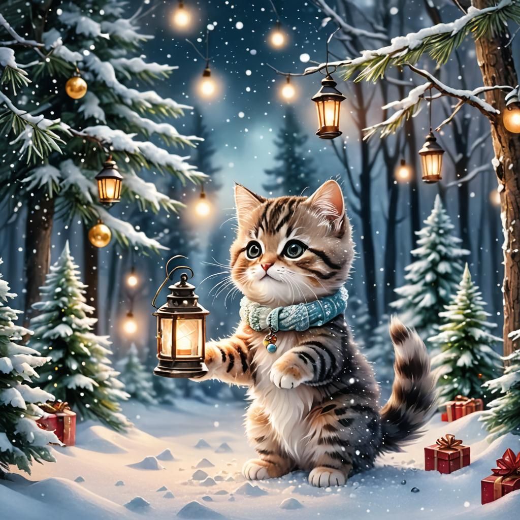 Cute Christmas Kitten in Snowy Forest