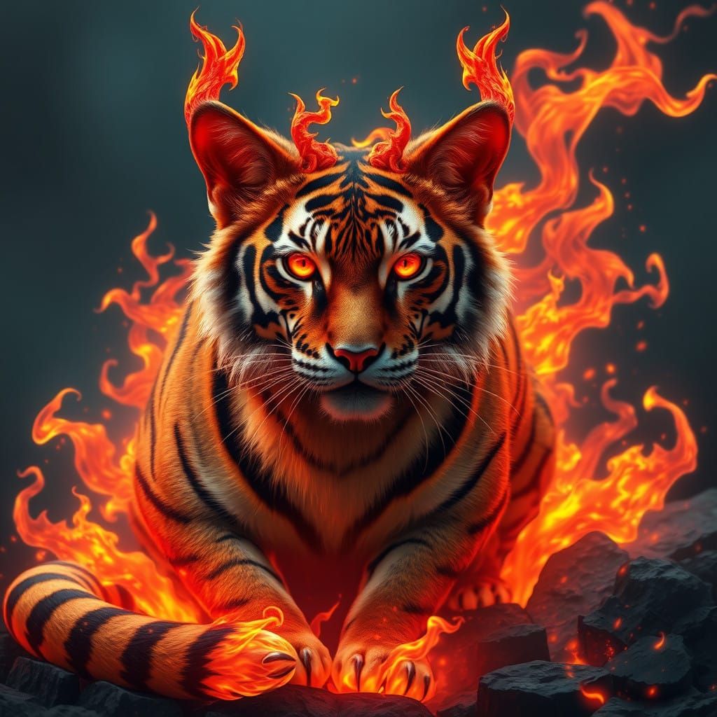 Majestic Lava Cat with Fire Horns in Matte Painting Style