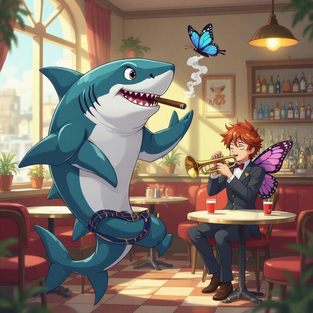 Shark Dancing in Cafe with Trumpet-Playing Butterfly
