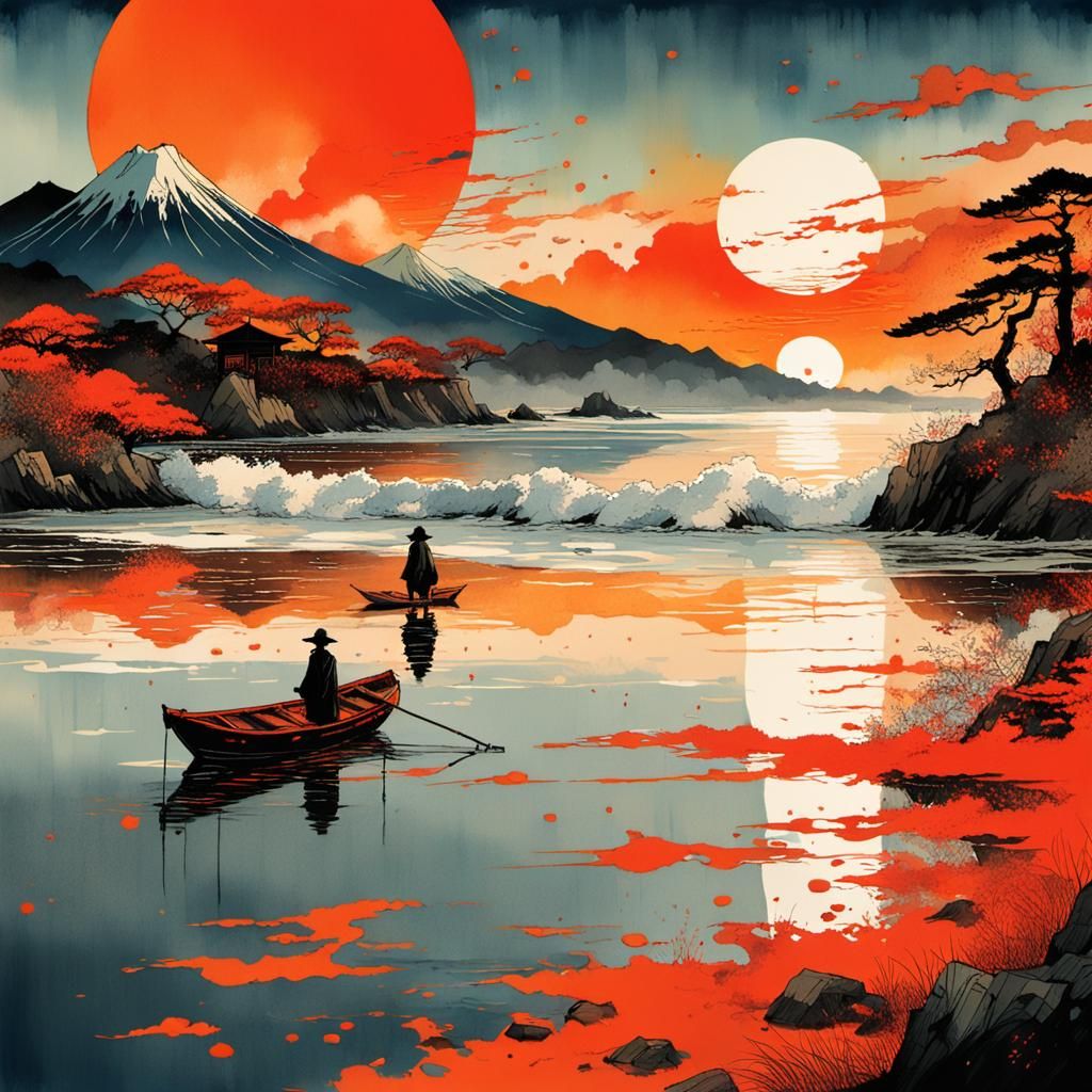 Japanese Beach Sunset in Sumi-e Style