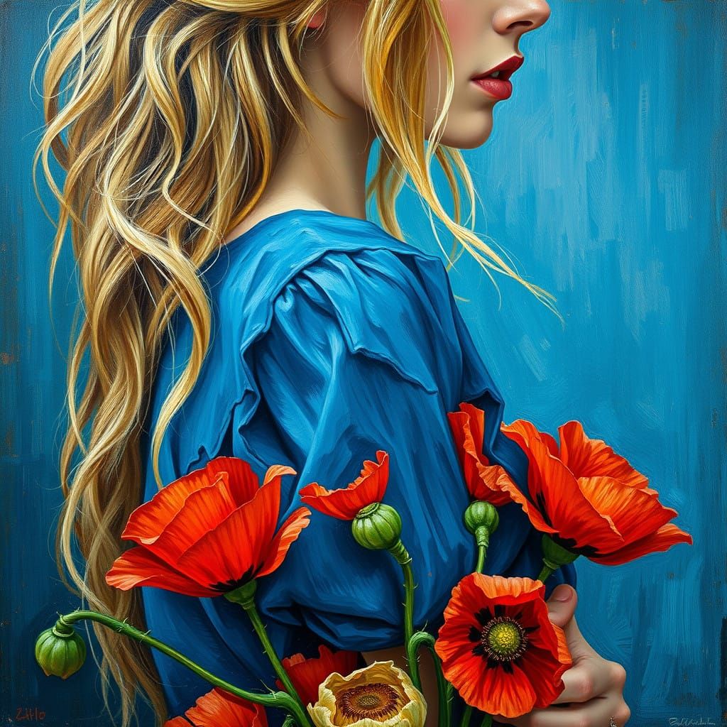 Beautiful Woman in Blue, Poppies, and Expressive Brushstroke...