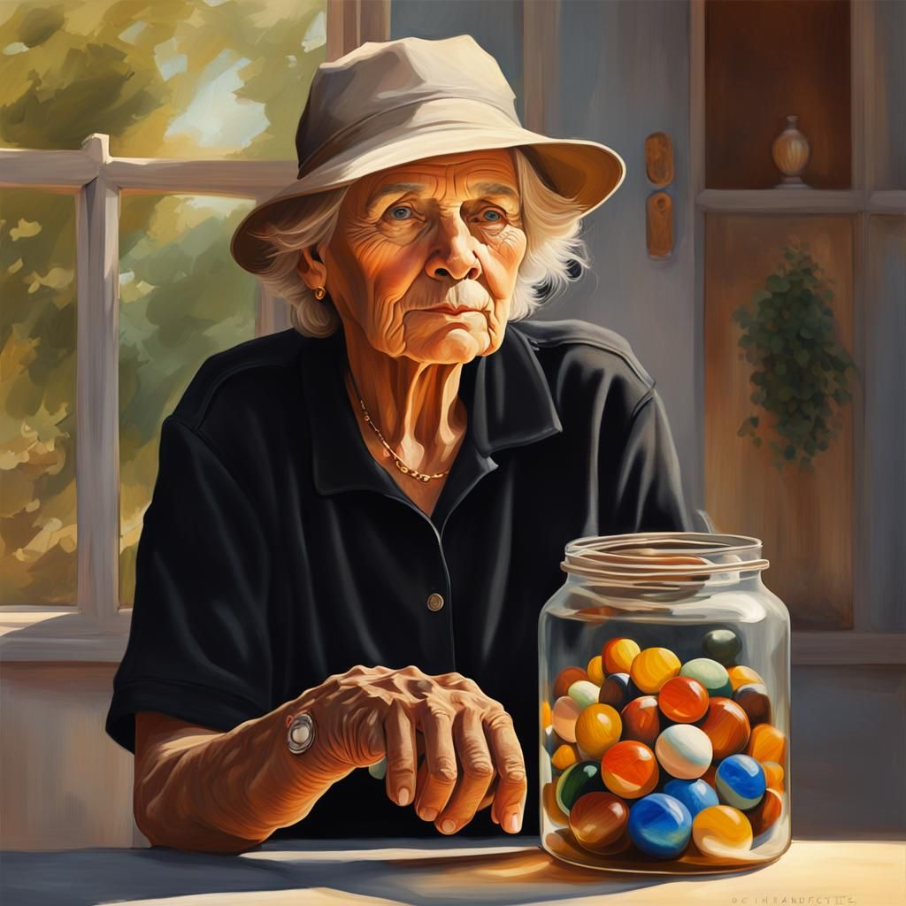Elderly Woman with Marbles: Hyper-Realistic Digital Portrait