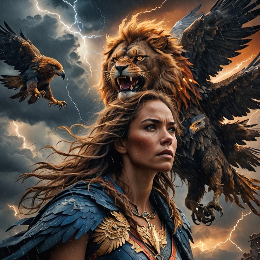 Woman, Lion, and Eagle in Apocalyptic Storm