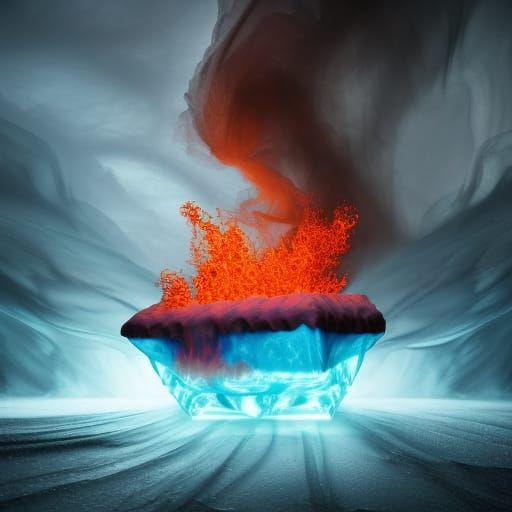 Magical fantasy Fire tornado in an cube of ice at innerearth...