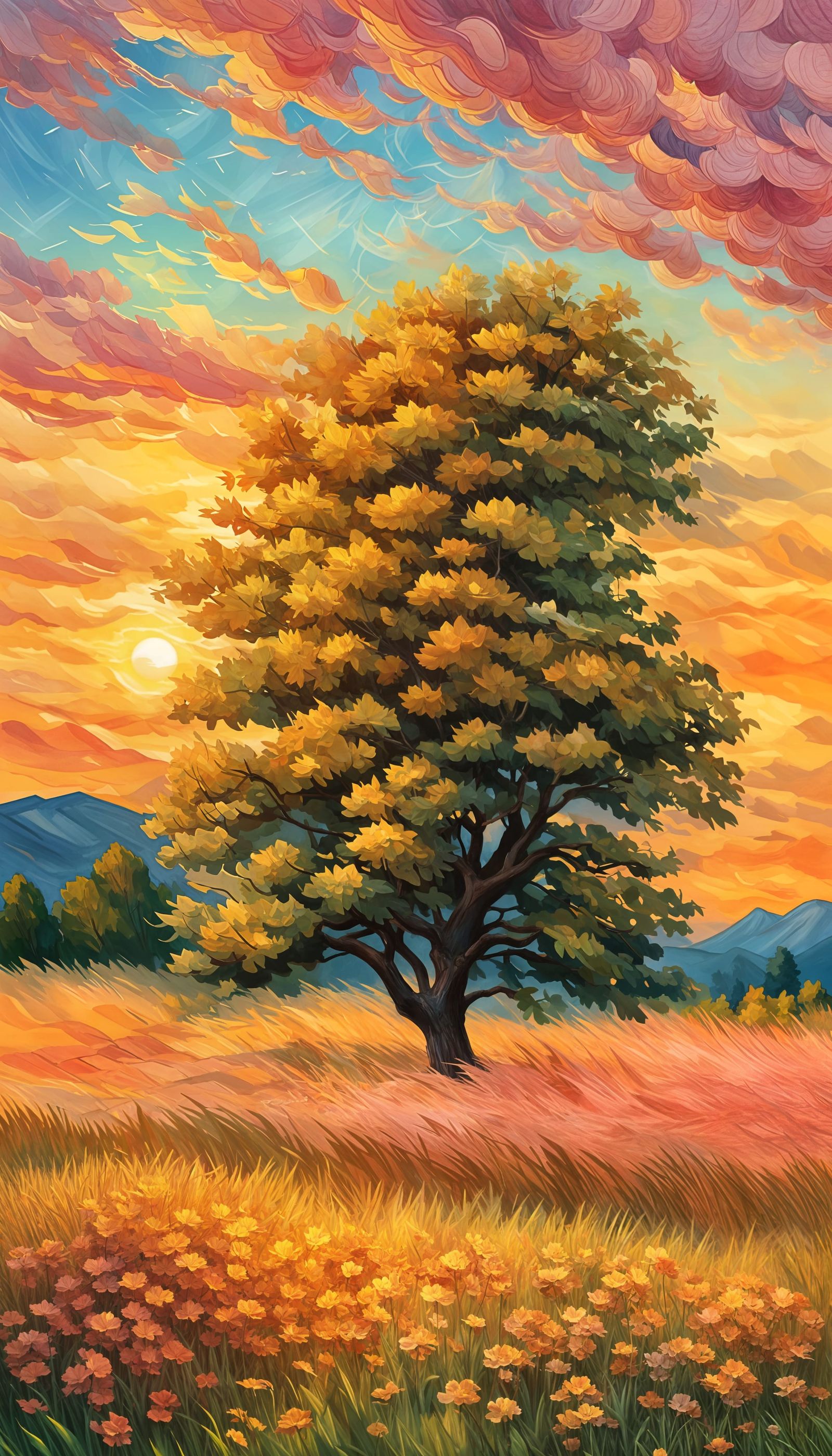 Maple Tree in Summer Sunset Field