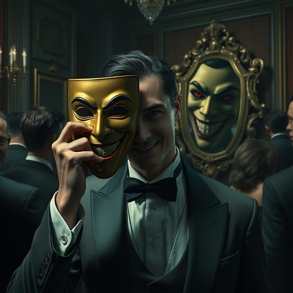 A person in a crowd, holding a smiling mask over the face wi...