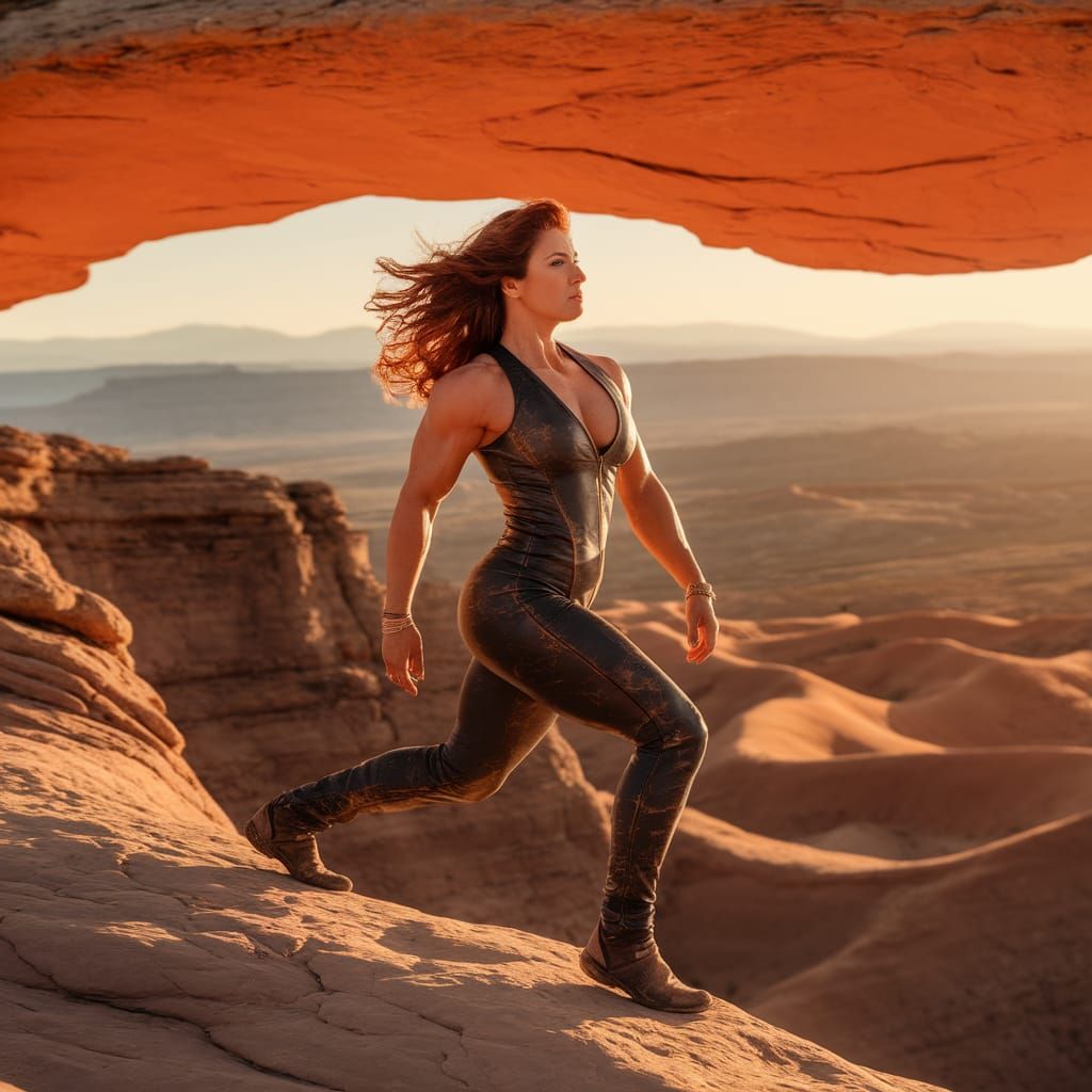 Muscular Female Daredevil on Desert Arch at Golden Hour