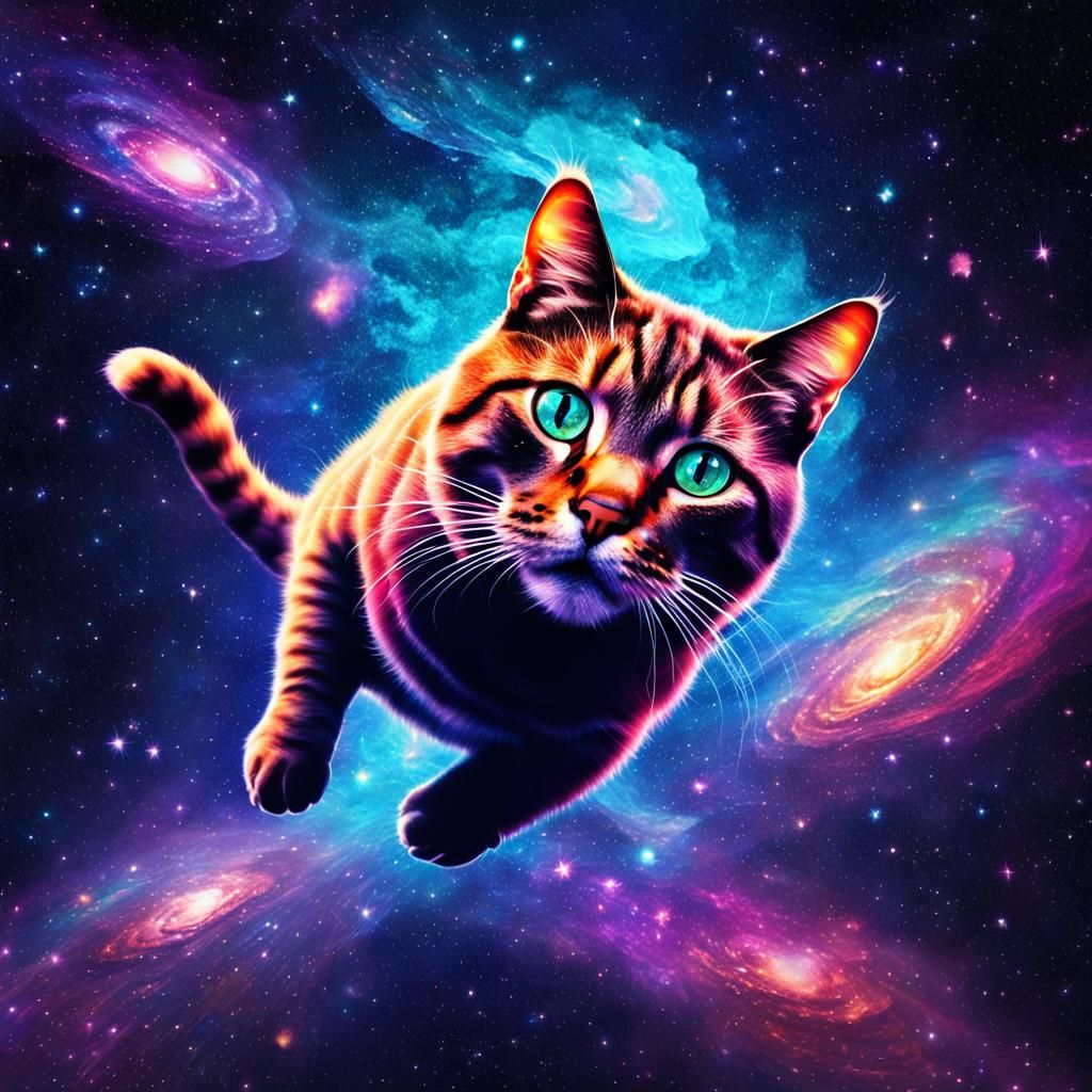 Cat Floating in Space: Cosmic Astral Illustration