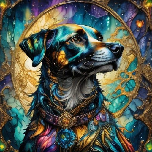 Alcohol Ink Fantasy Dog in Detailed Matte Painting