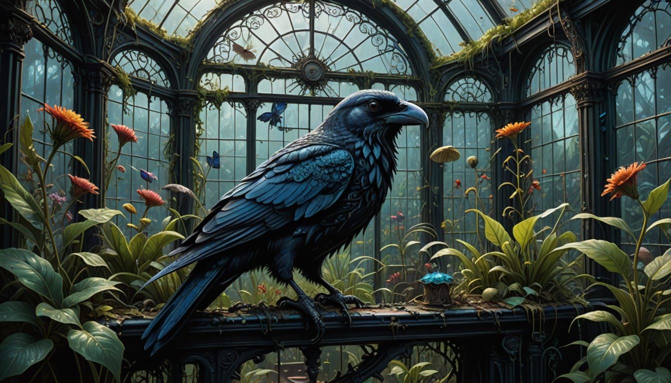 Victorian Greenhouse with Bioluminescent Jungle and Mechanic...