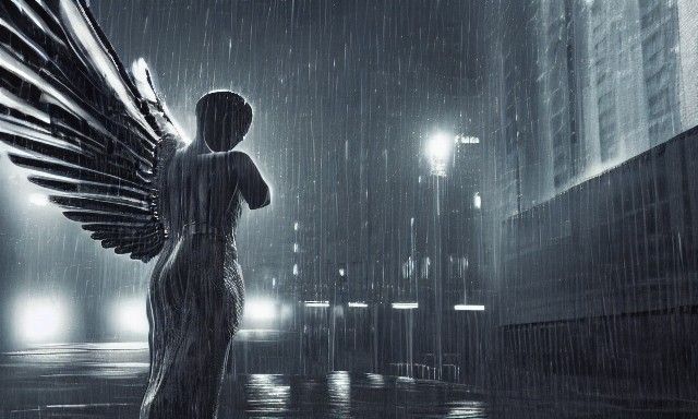 Gun-Winged Angel in Rain-Soaked City
