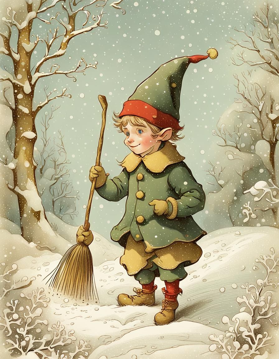 Victorian-Style Christmas Elf in Whimsical Winter Scene