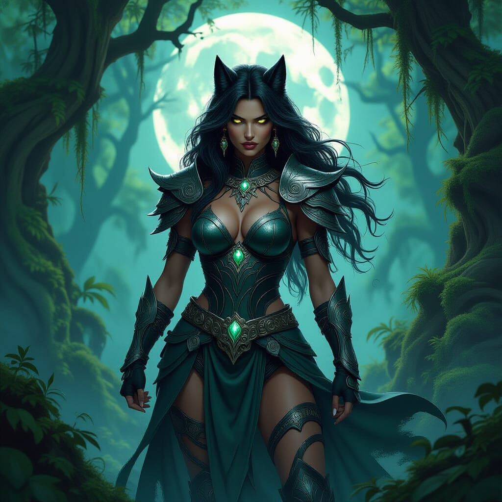 Female Werewolf in Tribal Armor Under Moonlight
