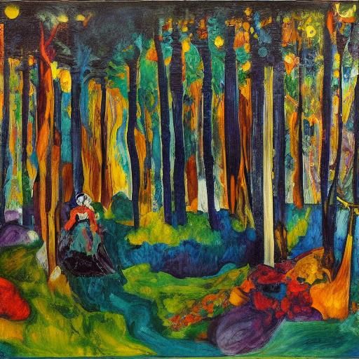 Mystical Waltz in Misty Park, Expressionist Painting