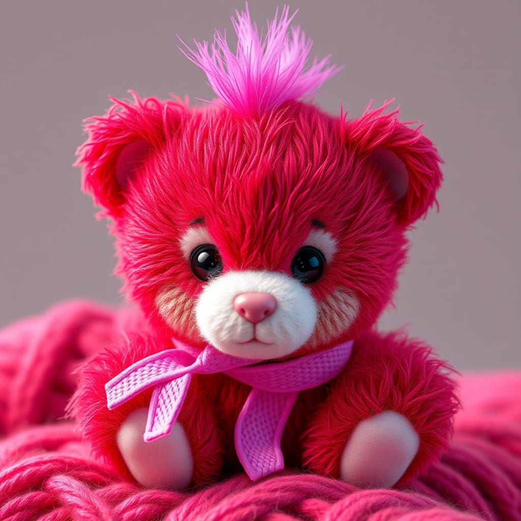 Red Baby Bear with Pink Ribbon in Chibi Style