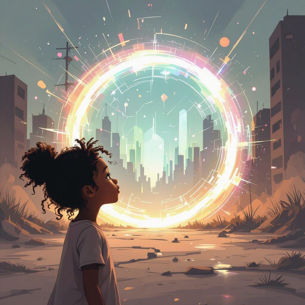 Young Girl Discovers Ethereal Portal in Urban Landscape