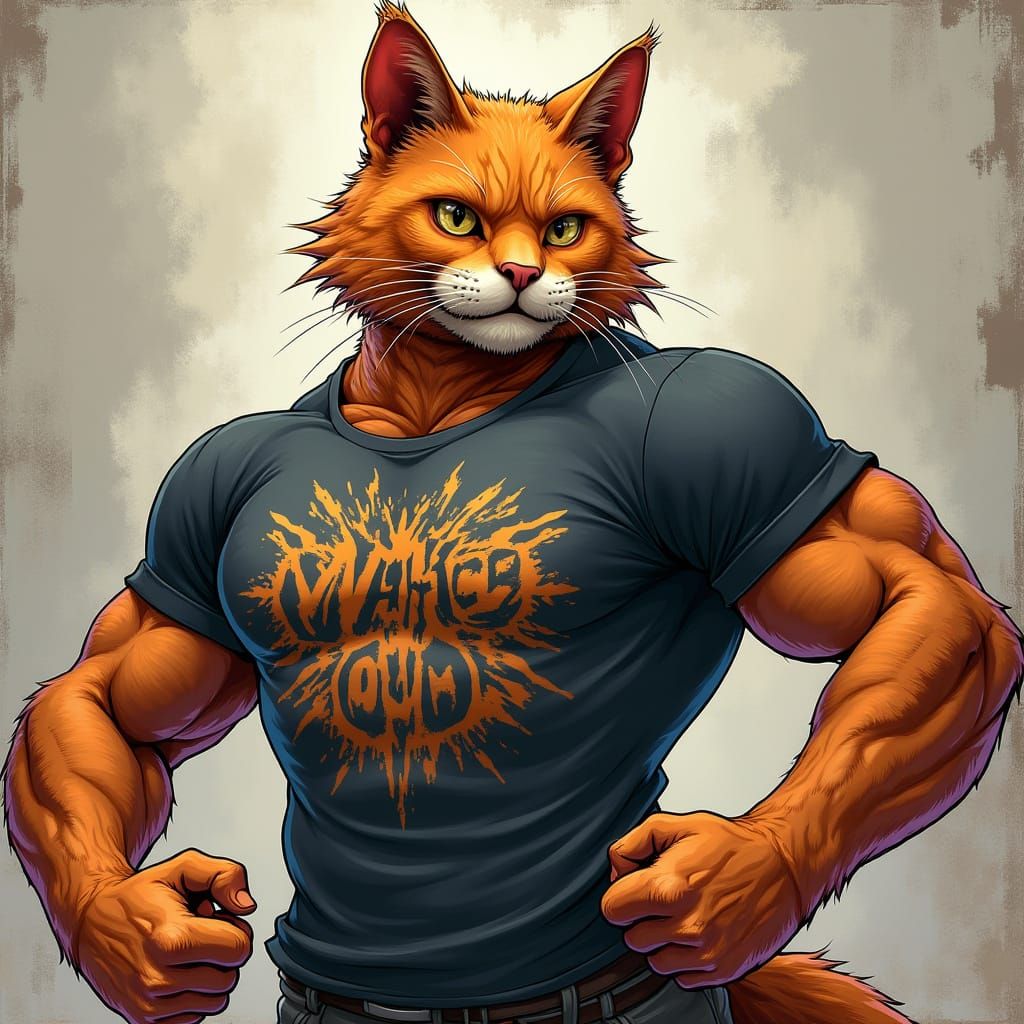 Muscular Cat in Graphic Tee, Digital Art