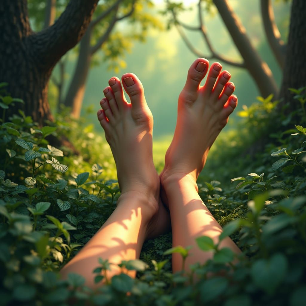 Bare Hands and Feet in Lush Fantasy Forest