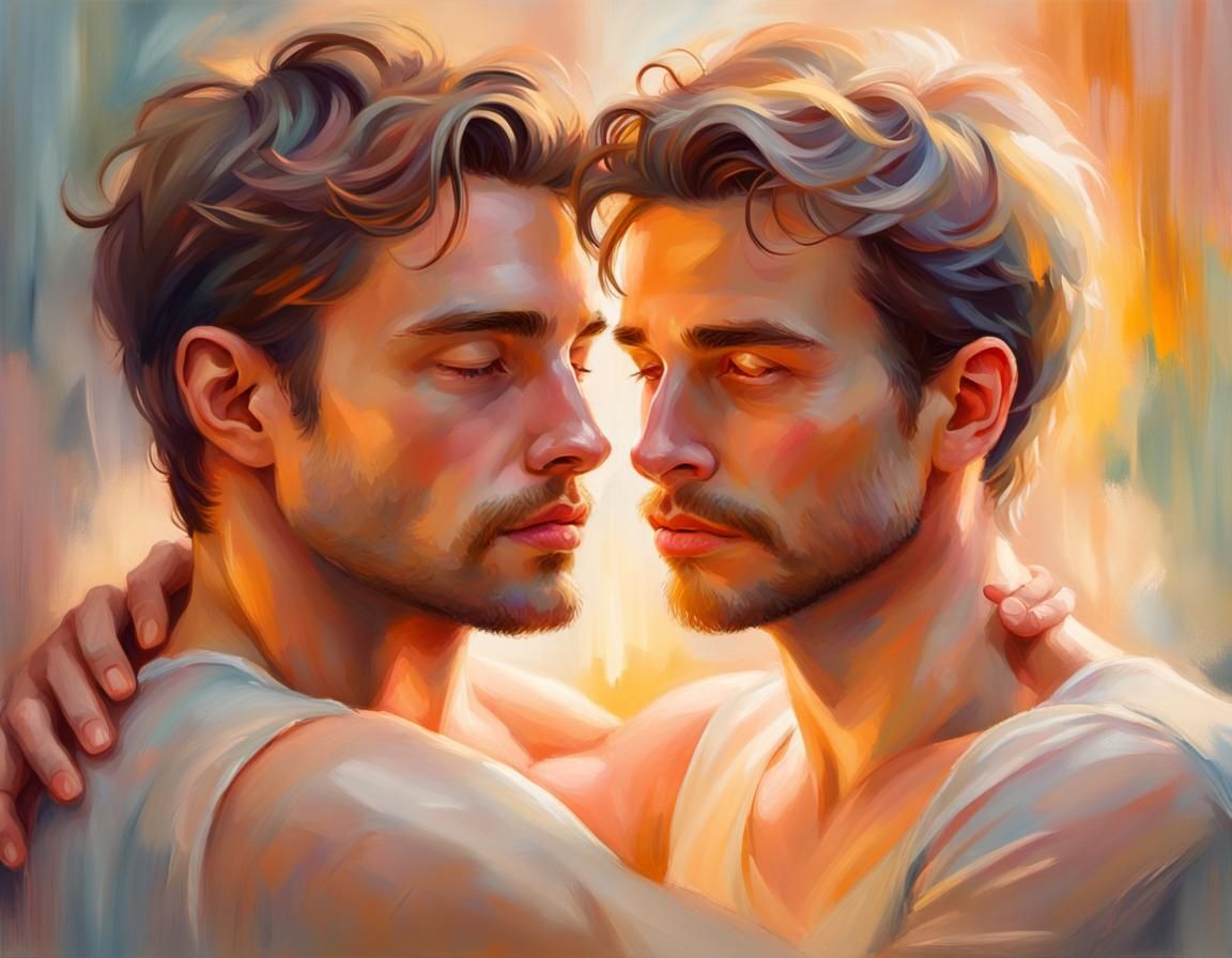 Tender Embrace: An Impressionistic Oil Painting of Two Men