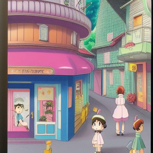 Ojamajo Doremi: Ghibli-Style Gouache Street Scene