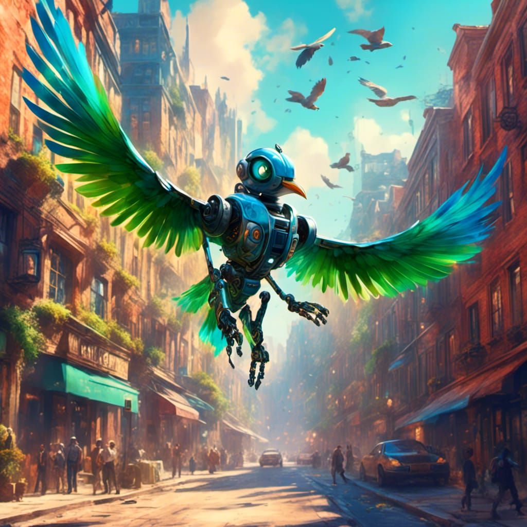 Robot Bird Flying Above Town in Digital Painting Style