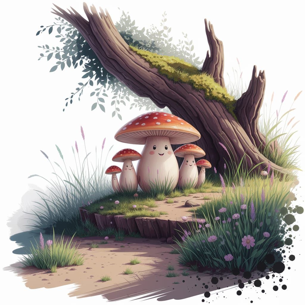 Whimsical Mushroom Family in Watercolor Fantasy Landscape