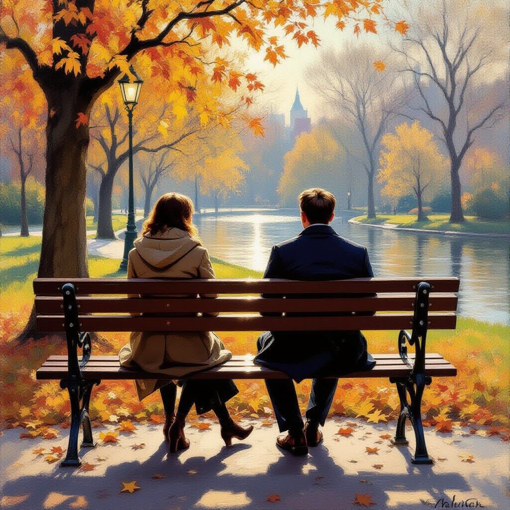 Quiet Companionship on a Park Bench: Serene Autumn Oil Paint...