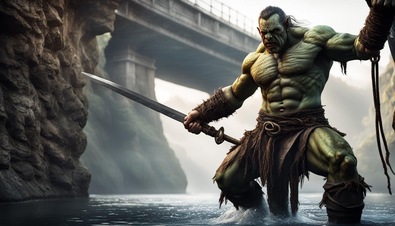 Orc Warrior Cuts Rope Bridge in Hyperreal Style