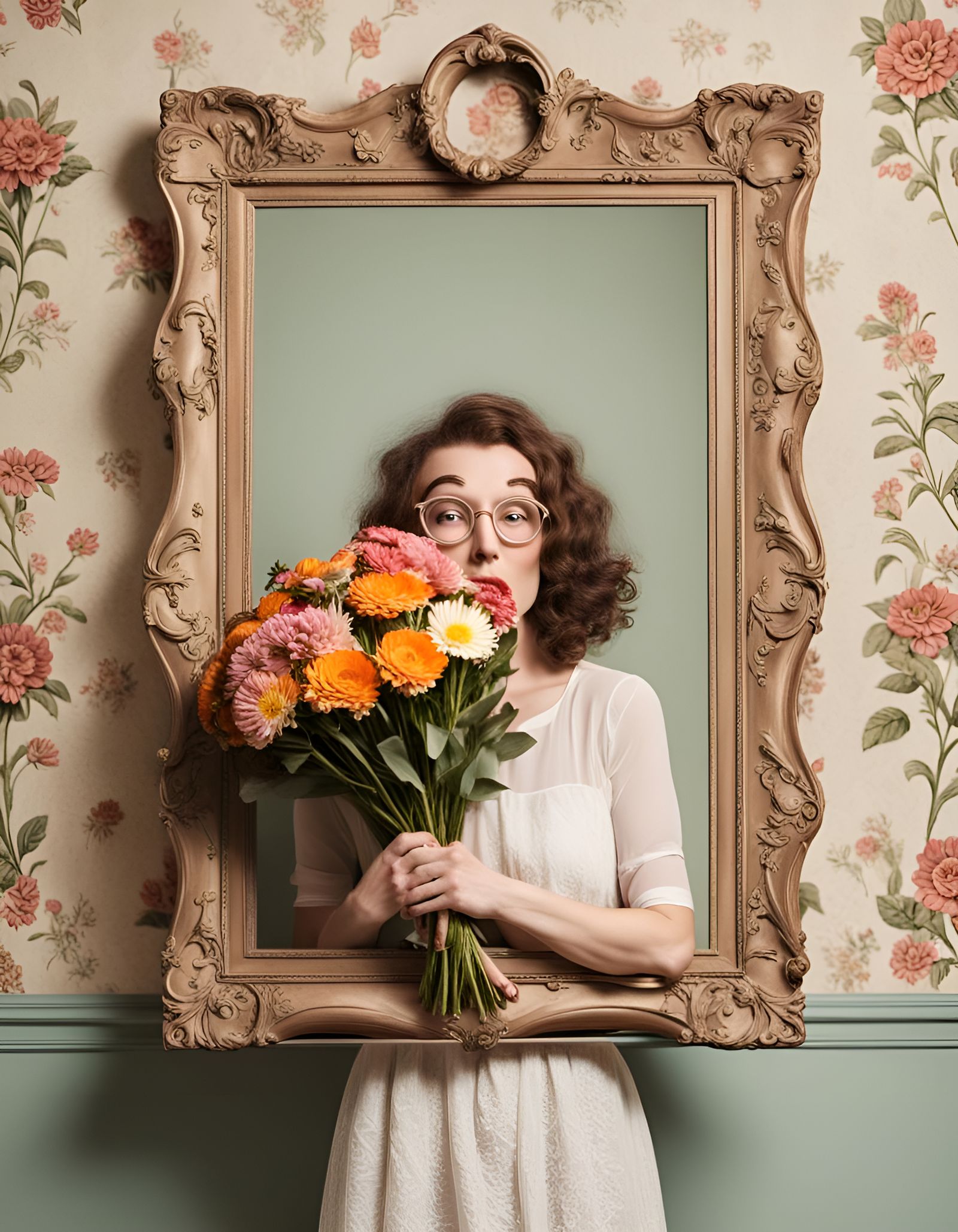 Quirky Woman Posing with Flowers in Frame