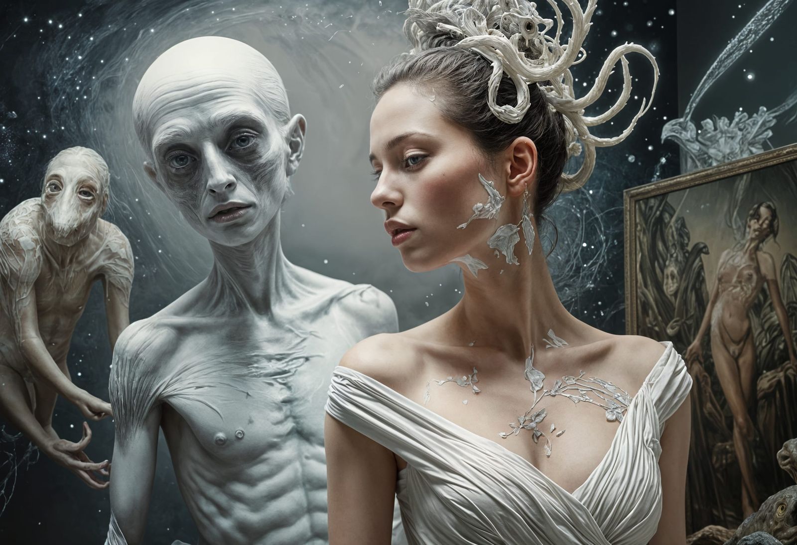 Surreal Portrait in White Laboratory: Bizarre Creatures