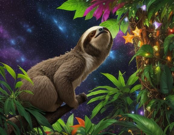 Lisa Frank Sloth in a Rainforest Galaxy