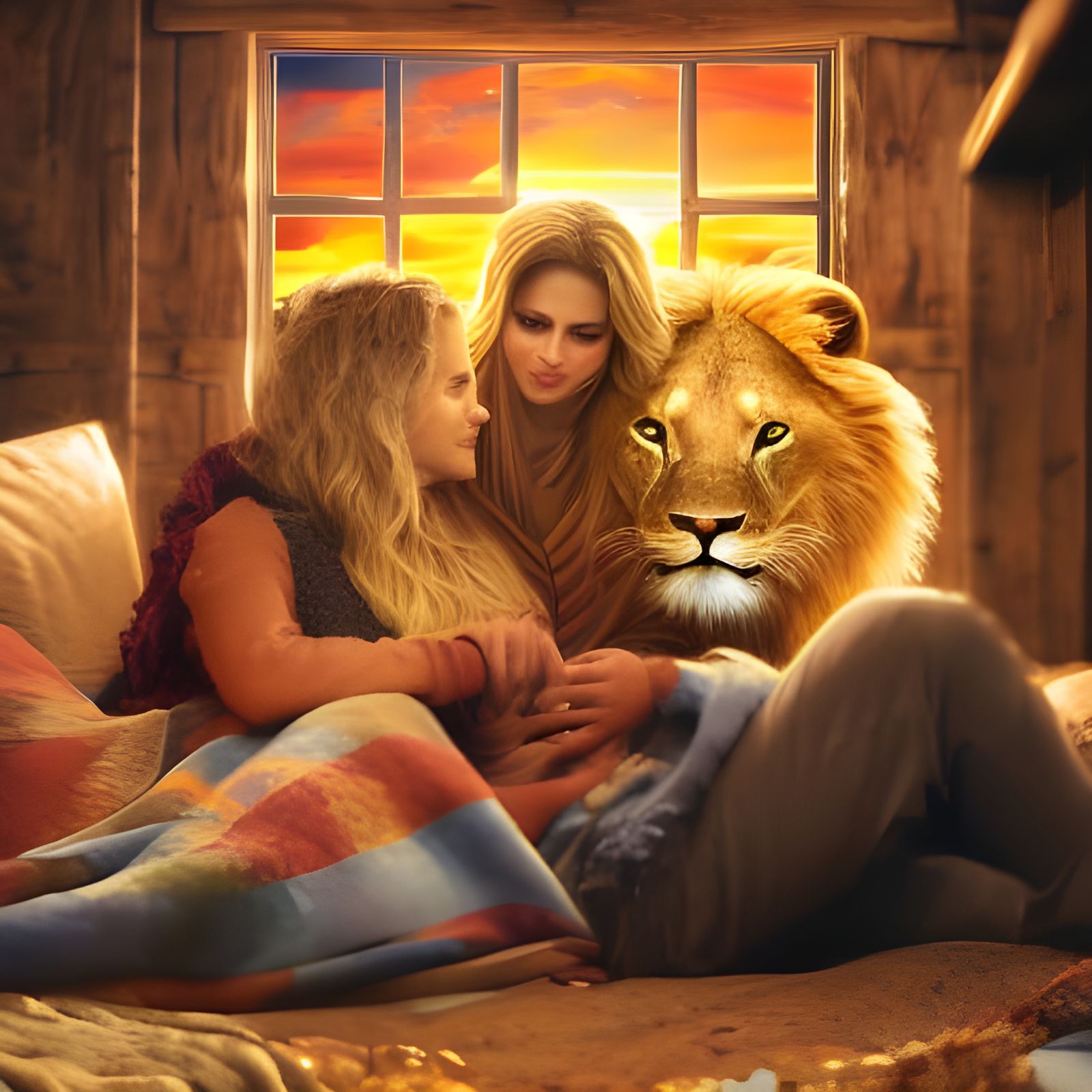 Lion and Person in Cabin, Digital Matte Painting
