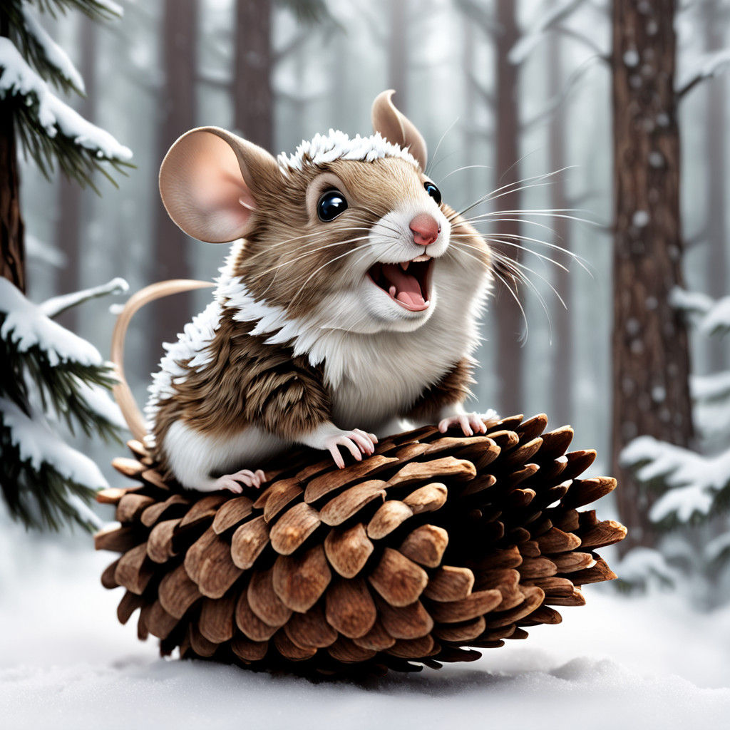 Cheerful Mouse Speeds Down a Snowy Hill on a Pine Cone Sled....