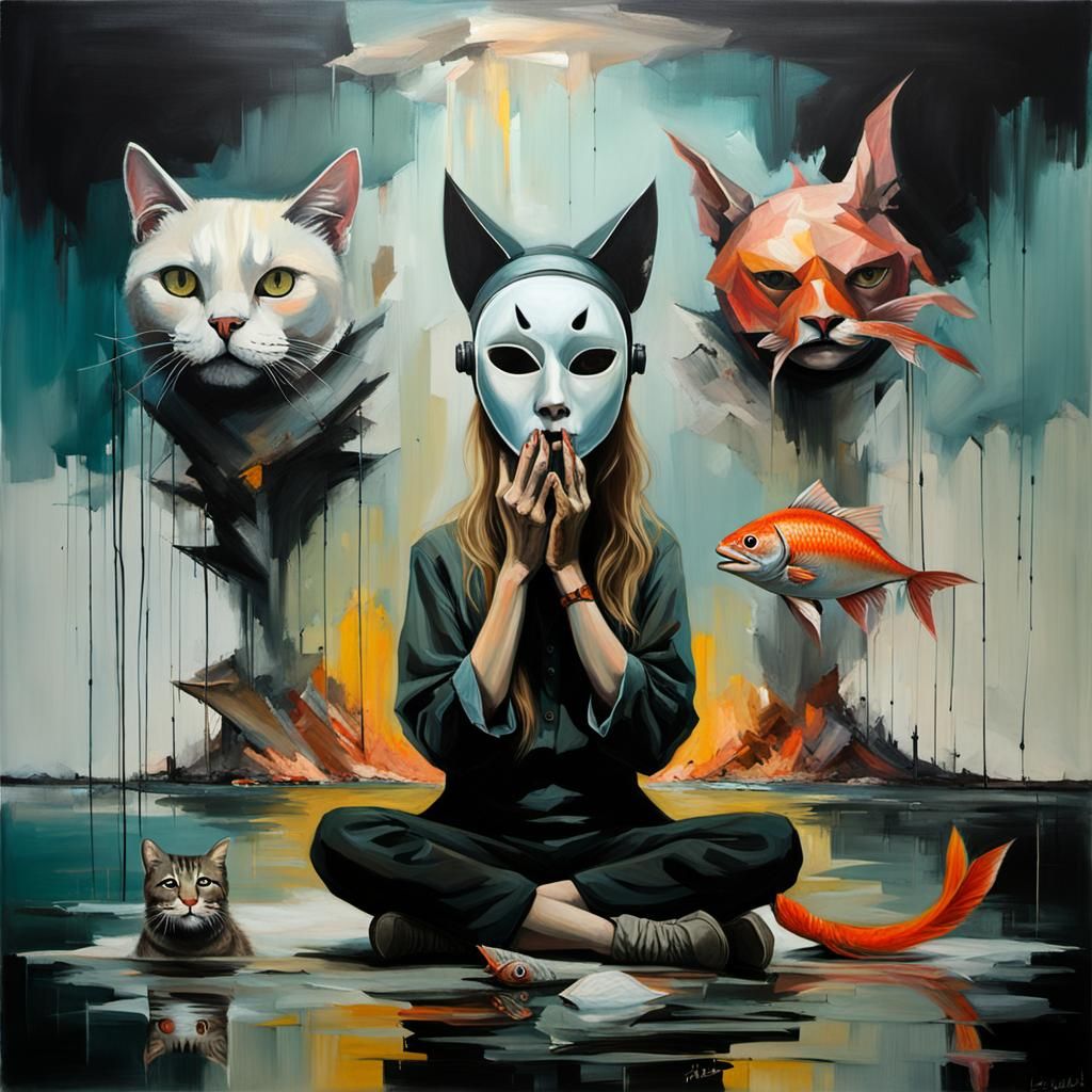 Surreal Woman, Cat, and Fish Painting in Dark Neon